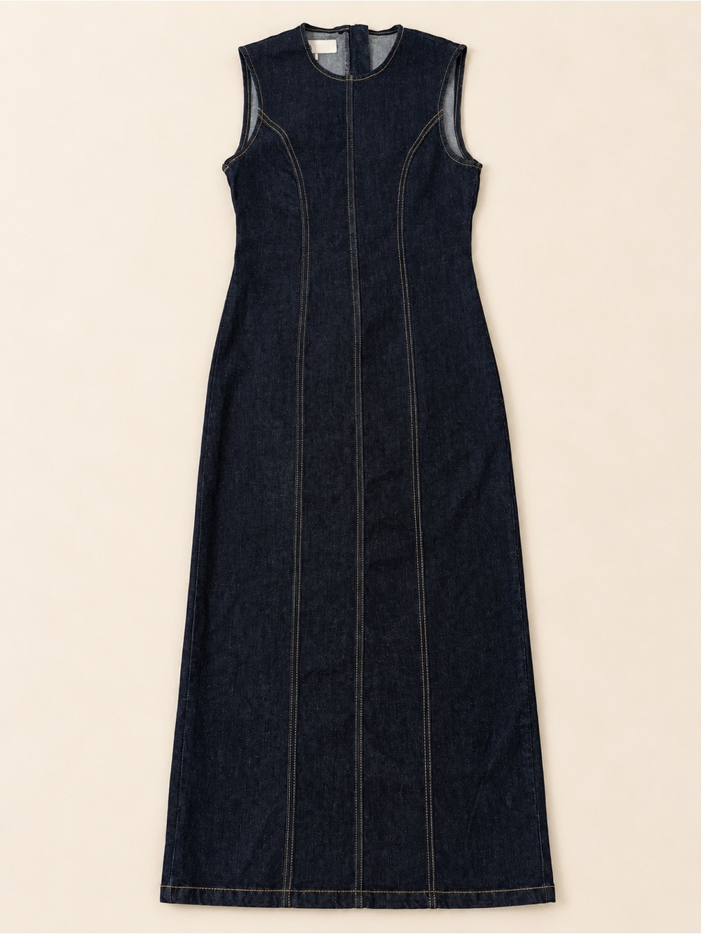 Zara Dark Wash Denim Maxi Dress Stretch Sleeveless Contrast Stitch Size M
